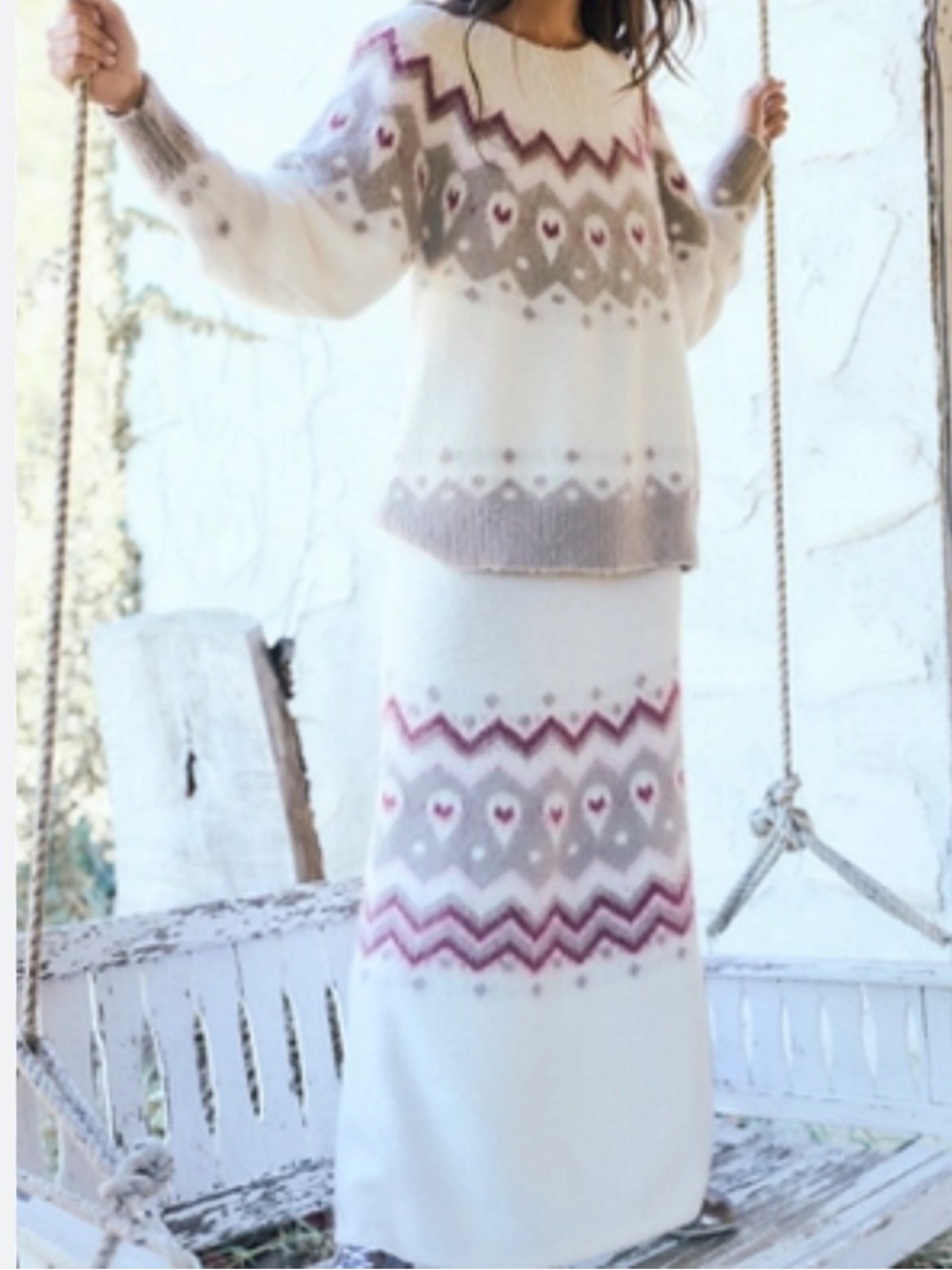 Free People Sz L Sweater Skirt Set Milly Ivory Fair Isle Knit Maxi Boho Cozy。